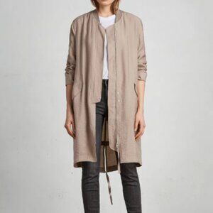 All Saints Size Large Ellis Parka Long Bomber Jacket Details Zip Up Relaxed Tan